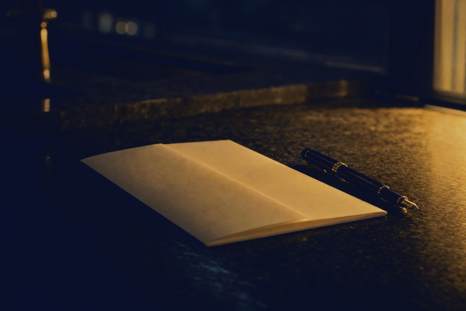 A single sheet of paper, folded once, resting on a dark stone counter beside a pen, lit by low gold dawn light.
